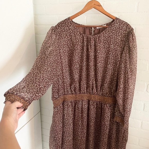 Dex Mini Dress Fall Floral Print Sheer Long sleeve Smocked waist Brown Sz 3X - Picture 4 of 16